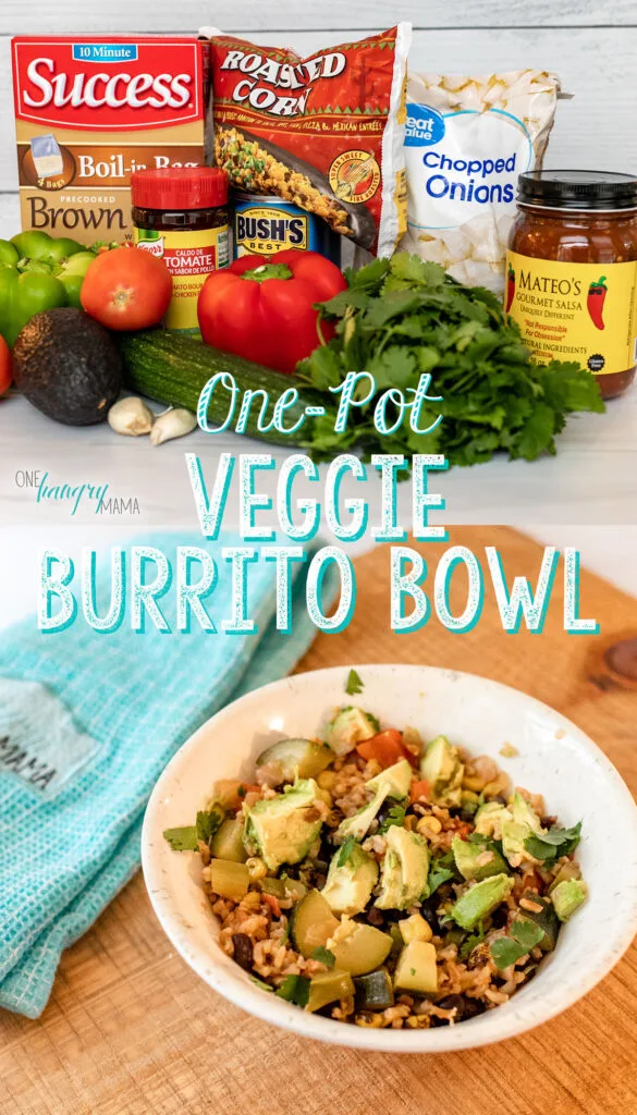 Ingredients for One-Pot Veggie Burrito Bowl over completed dish, with white text "one-pot veggie burrito bowl"