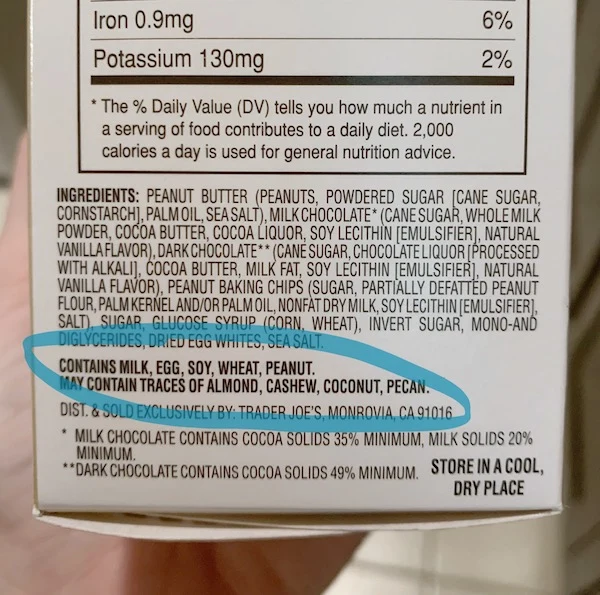 food label highlighting bolded allergen warning for dairy-free breastfeeding moms