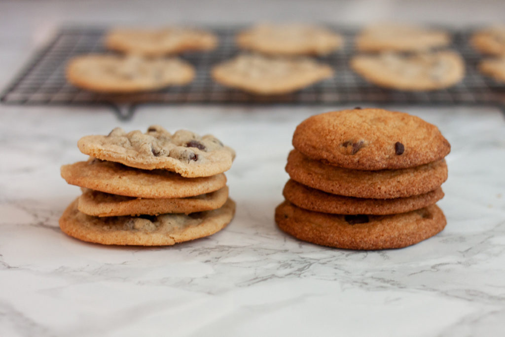 One easy tip for making PERFECT chocolate chip cookies is to let your dough rest in the fridge for at least 30 minutes before baking. Just look at the difference in these two cookies!