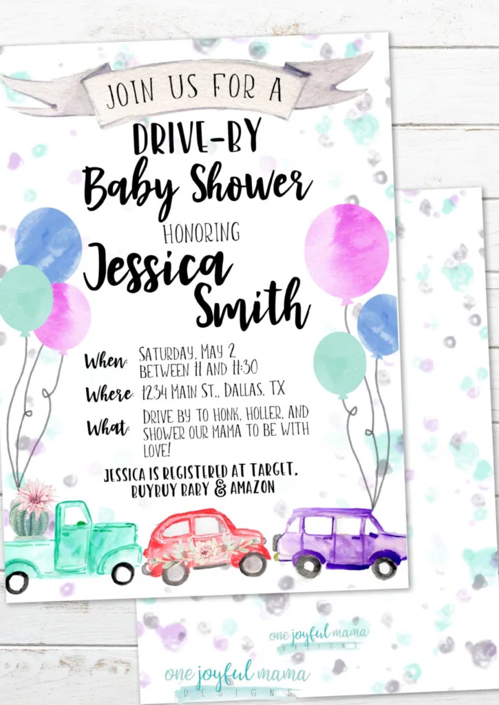 An adorable invitation template for a drive-by baby shower.