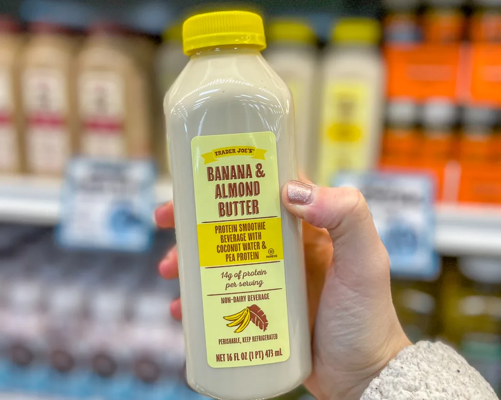 Trader Joe's banana & almond butter pea protein smoothie – one of their many awesome dairy-free products!