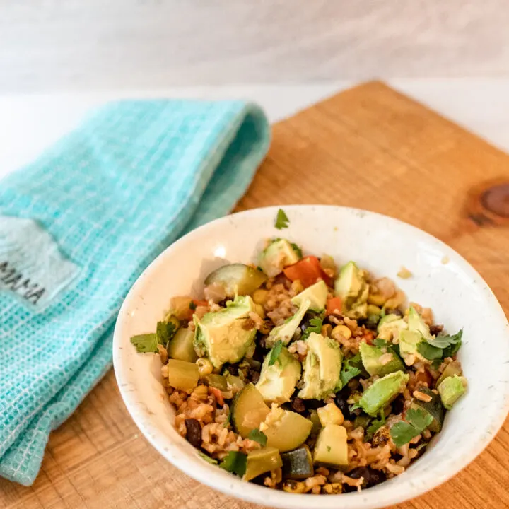 Overhead shot of One-Pot Veggie Burrito Bowl with a countertop background