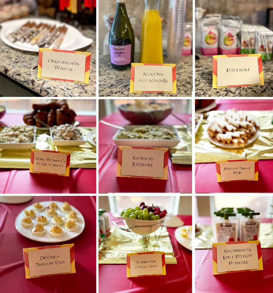 Collage of food items from harry potter birthday party
