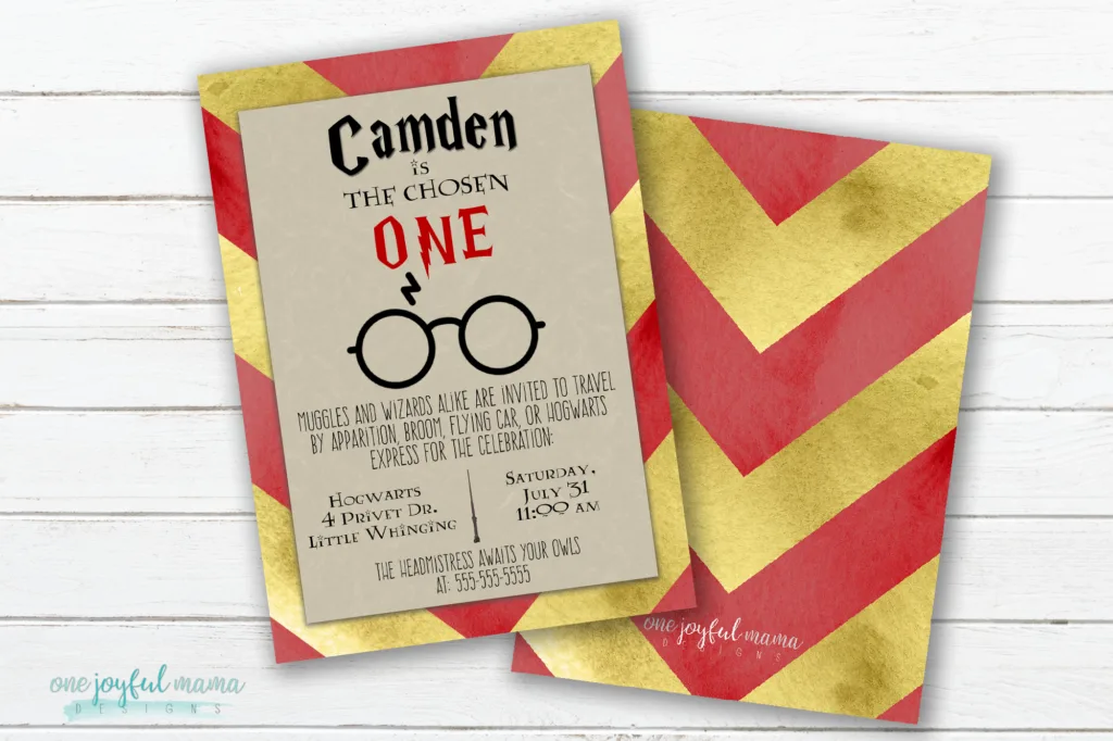 Front and back image of harry potter The Chosen One birthday party invitation