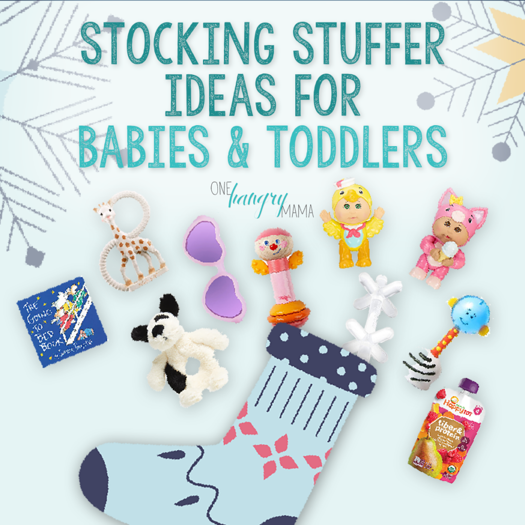 Light blue image with graphic snowflakes in the background, with text "Stocking Stuffer Ideas for Babies & Toddlers" and images of various small books and toys