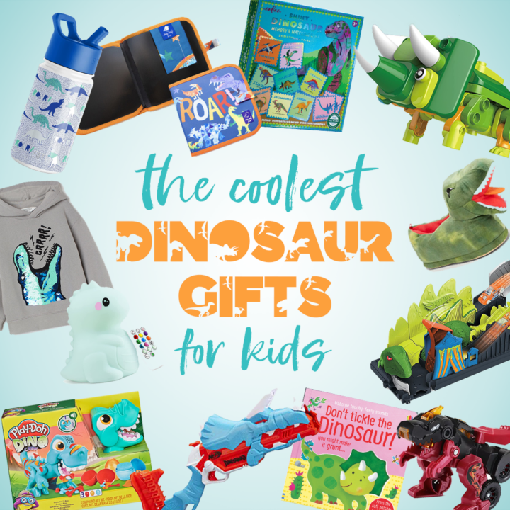 Collage of the best dinosaur toys for 3 and 4 year olds with text "the coolest dinosaur gifts for kids"