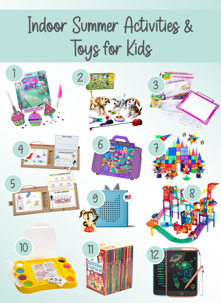 compilation of indoor activities for kids, with text "indoor summer activities & toys for kids"