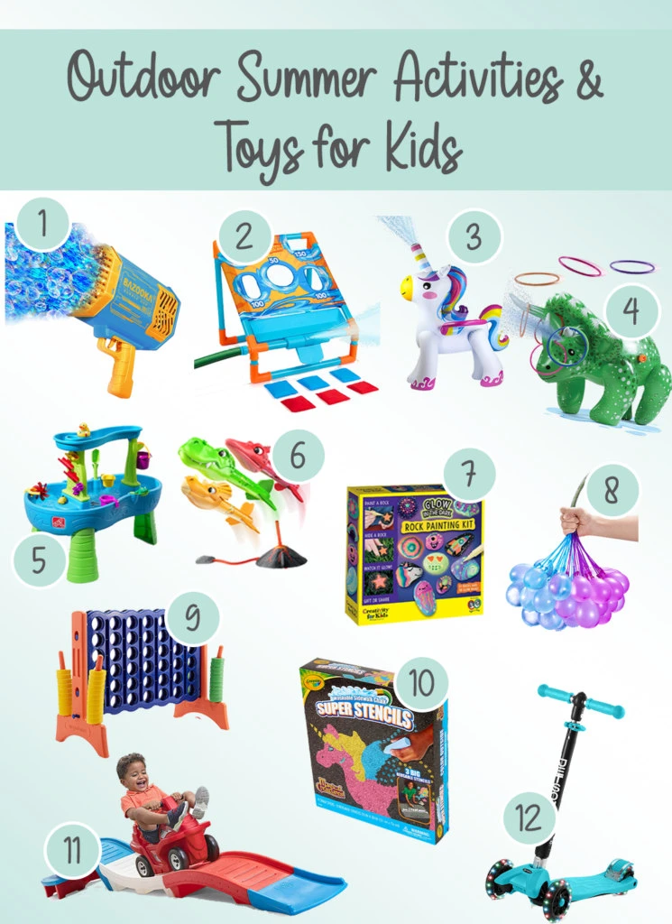 compilation of outdoor toys with text "outdoor summer activities & toys for kids"